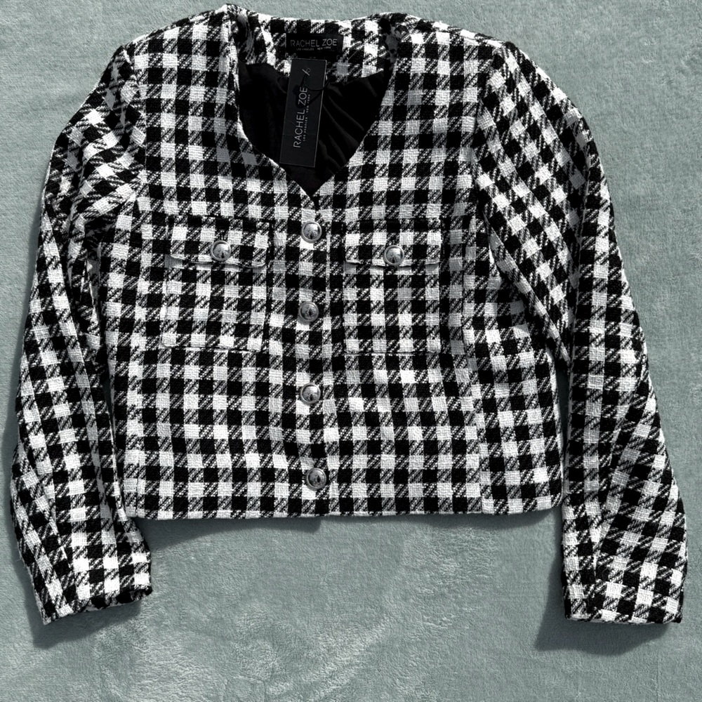 Rachel Zoe houndstooth tweed plaid cropped jacket